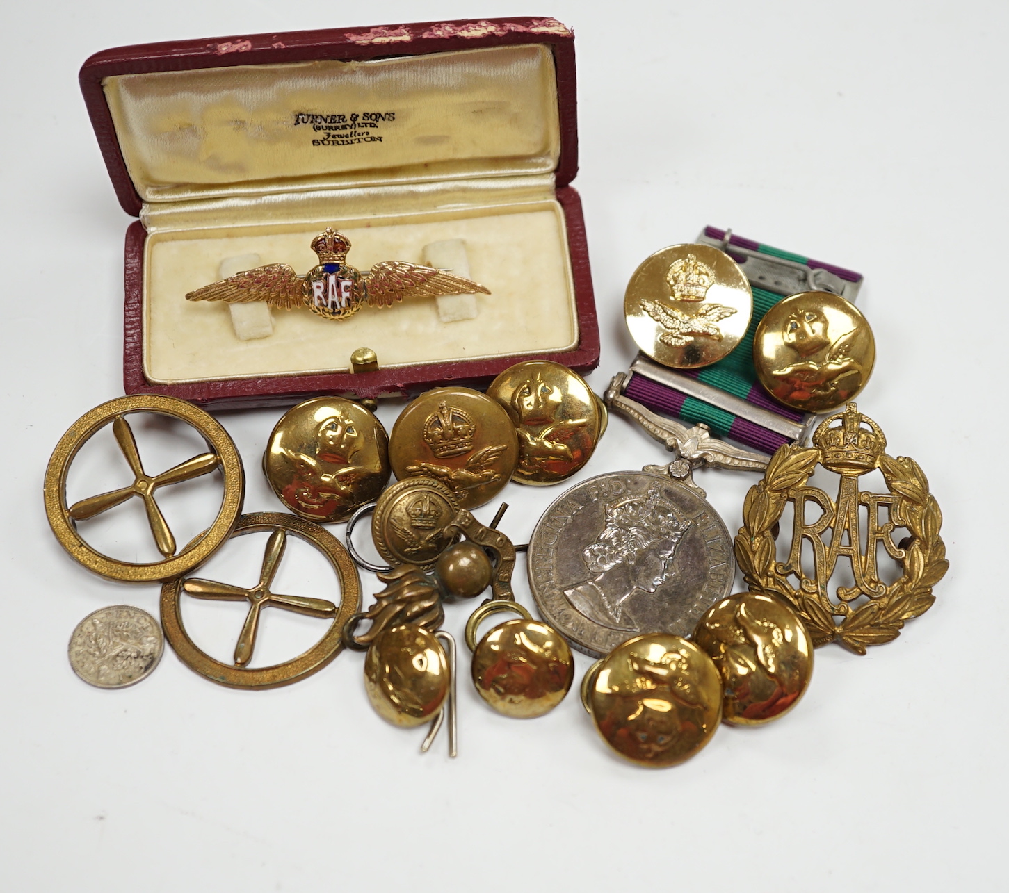A 9ct. enamelled RAF Sweetheart brooch, an Elizabeth II General Service medal with Malaya bar to Cpl. A.J.L. Fuller R.A.F., a number of buttons and related sundries